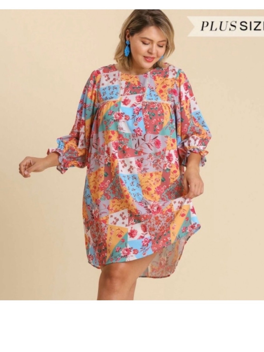 Umgee Floral Patchwork Long Sleeve Shift Dress cottagecore romantic festival